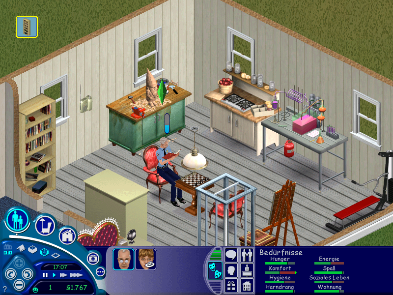 Die Sims (Electronic Arts 2000): Dieser „Sim“ liest gerade ein Buch – hoffentlich ist der Sessel gemütlich, denn der „Komfort“-Wert könnte besser sein.